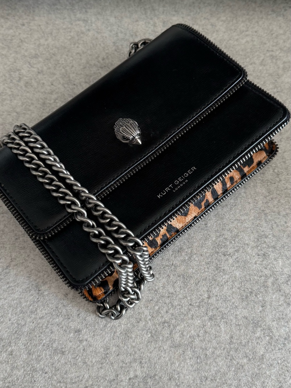 Kurt Geiger Black Leather Crossbody with Leopard Print Trim